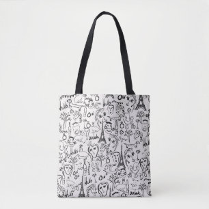Paris Street Scene Black & White Line Drawing  Tote Bag