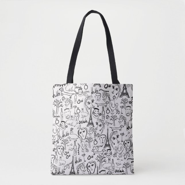 Paris Street Scene Black & White Line Drawing  Tote Bag (Front)