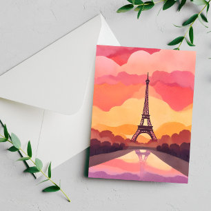 Paris Sunset   Eiffel Tower France Watercolor Card
