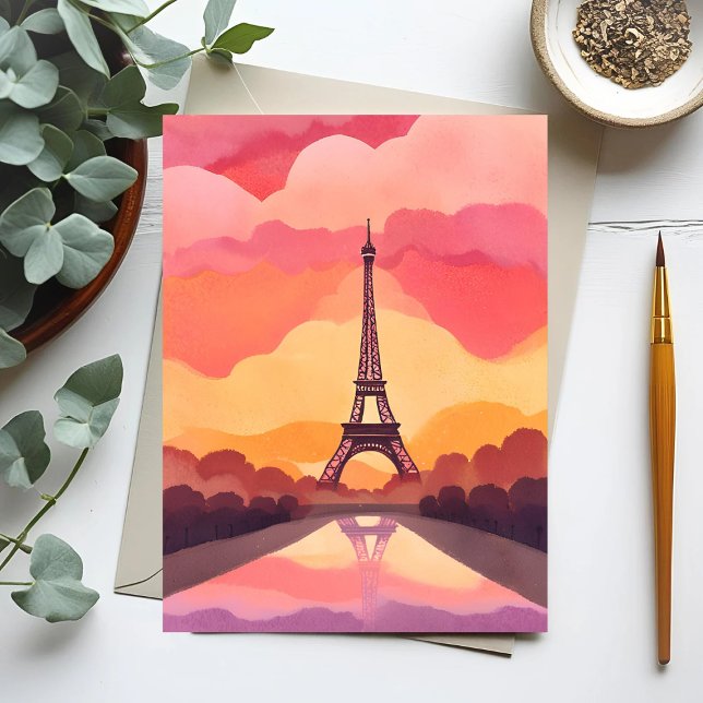 Paris Sunset | Eiffel Tower France Watercolor Postcard (Creator Uploaded)