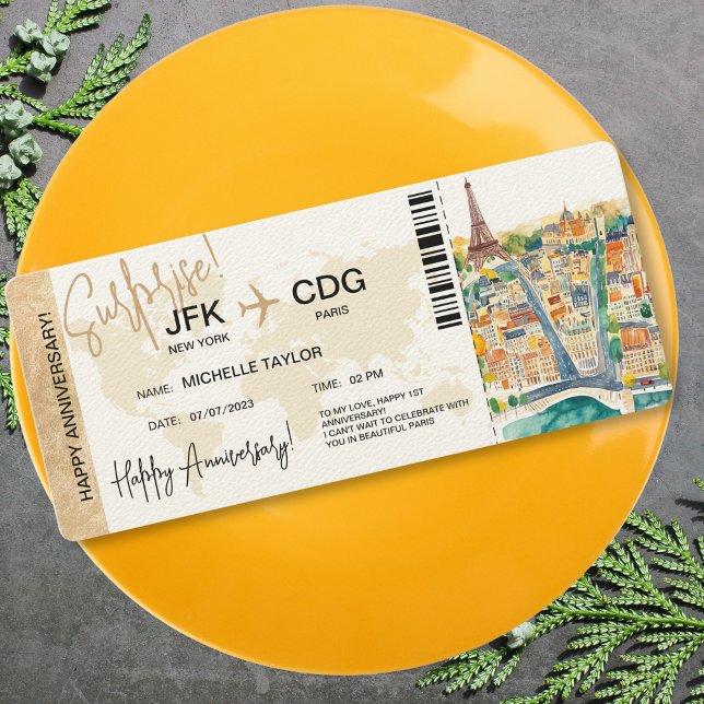  Paris Surprise Anniversary Boarding Pass Ticket Invitation (surprise boarding pass ticket trip to paris with watercolor illustrated map)