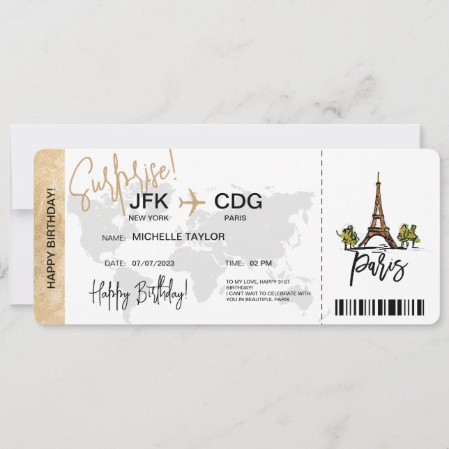  Paris Surprise Birthday Boarding Pass Ticket Invitation (Front)