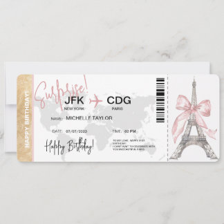Paris Surprise Birthday Boarding Pass Ticket Invitation