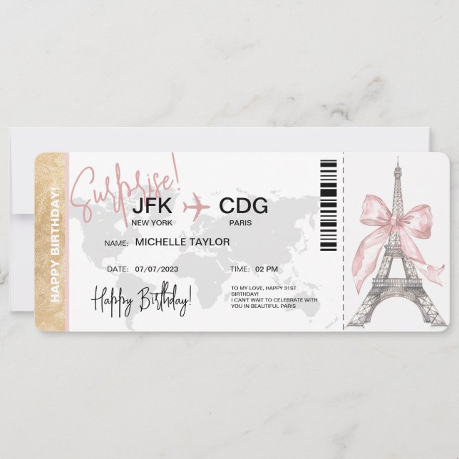  Paris Surprise Birthday Boarding Pass Ticket Invitation (Front)