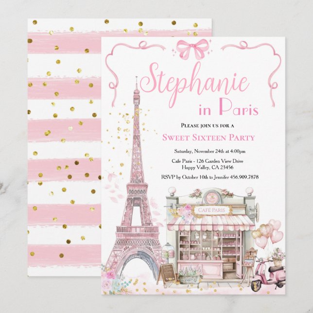 Paris Sweet Sixteen 16th Birthday Party Pink Girl  Invitation (Front/Back)