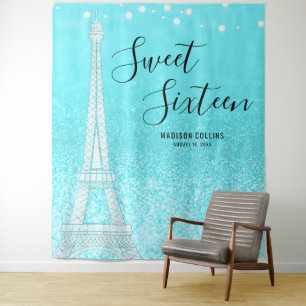 Paris Teal Blue Glitter Lights Sweet 16 Backdrop Tapestry