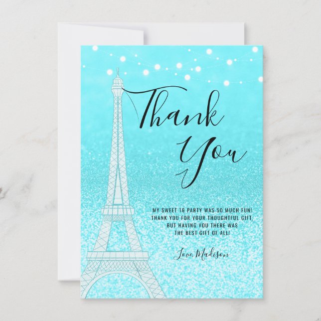 Paris Teal Blue Glitter Lights Sweet 16 Thank You Card (Front)