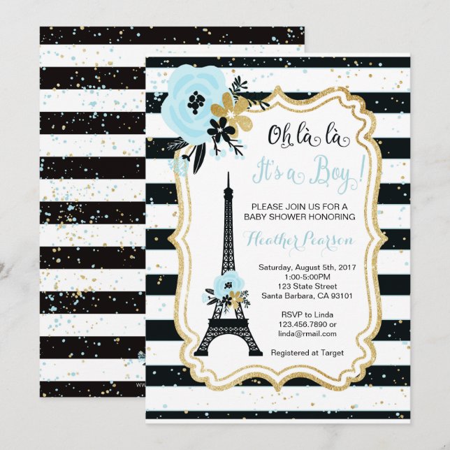 Paris Theme Baby Shower Invitation- Blue Invitation (Front/Back)