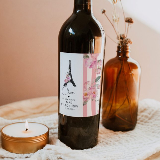 Paris theme eiffel tower pink black bridal shower wine label (Creator Uploaded)