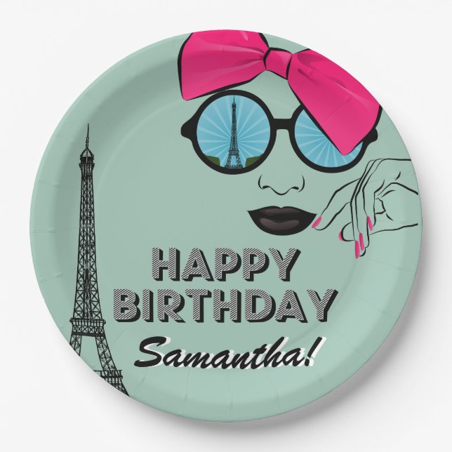 Paris Theme Happy Birthday Paper Plate (Front)