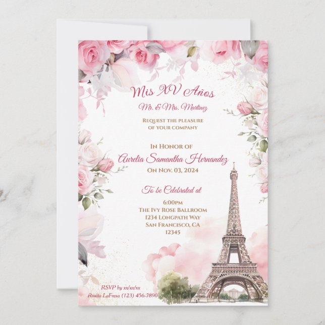 Paris Theme Pink Quinceañera Invitation Floral (Front)
