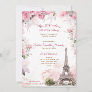 Paris Theme Pink Quinceañera Invitation Floral