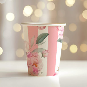 Paris theme pink stripes floral peony bridal paper cups