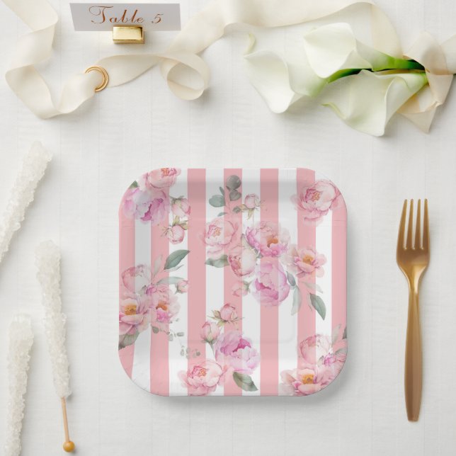 Paris theme pink stripes floral peony bridal paper plate (Wedding)