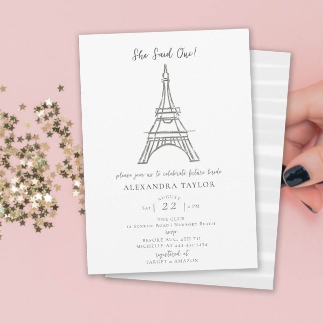 Paris Theme She Said Oui Eiffel Bridal Shower Invitation (she said oui paris theme bridal shower invitation minimalist glitter eiffel tower rhinestones simple)