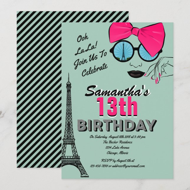Paris Themed Birthday Invitation Card (Front/Back)