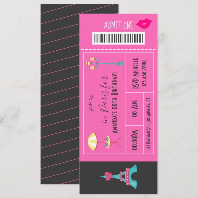 Paris themed Birthday Party Show Ticket Invitation (Front/Back)