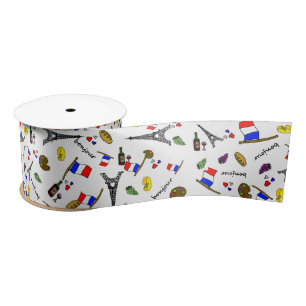 Paris Themed Cartoon Style Pattern Ribbon Satin Ribbon
