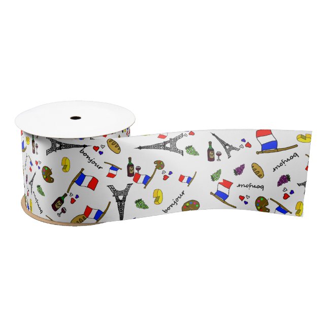 Paris Themed Cartoon Style Pattern Ribbon Satin Ribbon (Spool)
