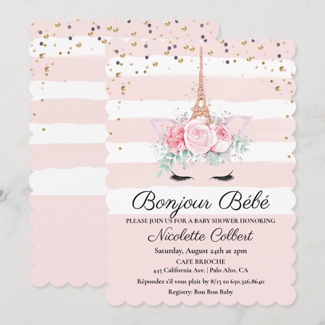 Paris Themed Unicorn Floral Baby Shower Invitation (Front/Back)