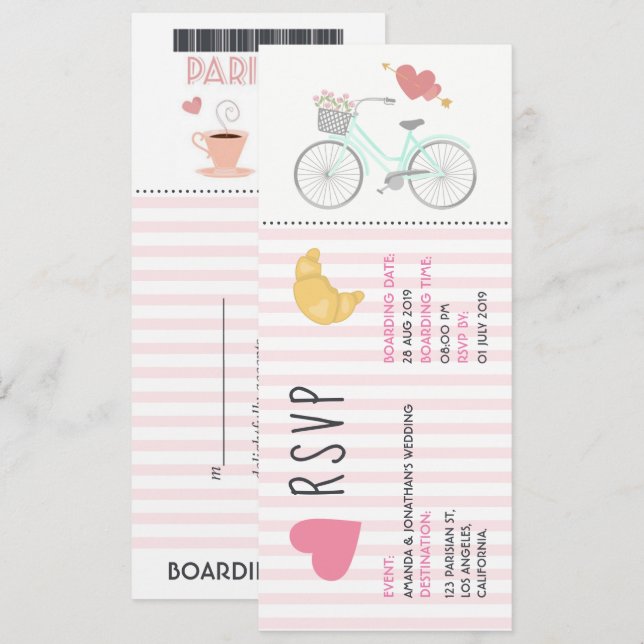 Paris Themed Wedding Ticket RSVP Invitation (Front/Back)