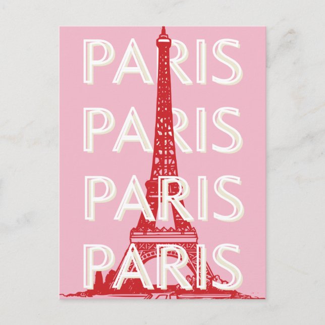 Paris, Travel Art, Retro Art, Pink Holiday Postcard (Front)
