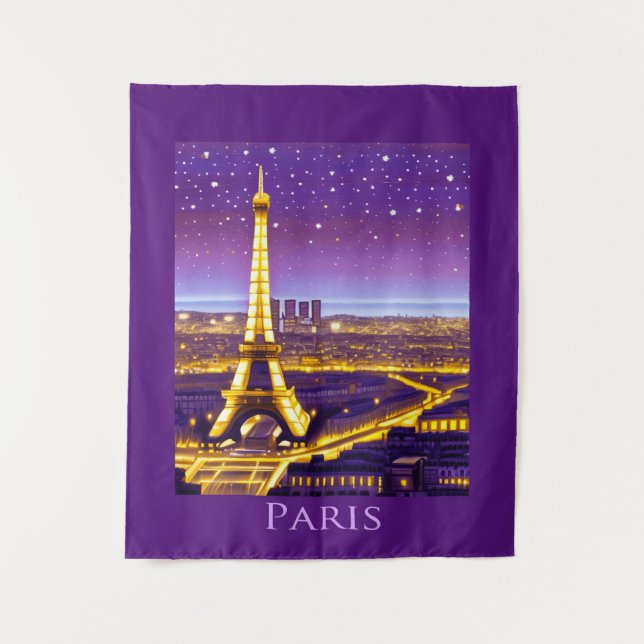 Paris Under a Purple Starry Sky Tapestry (Front)