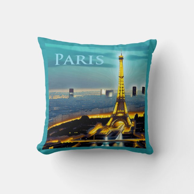 Paris Under a Turquoise Blue Twilight Sky Cushion (Front)