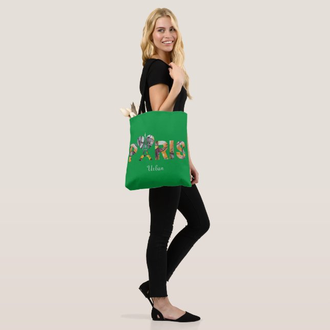 Paris Urban Art Tote Bag – Eiffel Tower Typography (On Model)