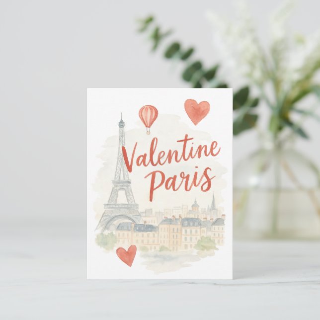 Paris Valentine Watercolor Card – Eiffel Tower  (Standing Front)
