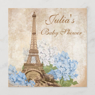 Paris Vintage Blue Hydrangea Baby Shower Invitation