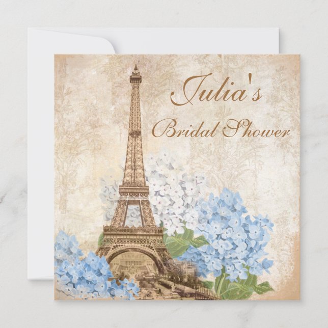 Paris Vintage Blue Hydrangea Bridal Shower Invitation (Front)