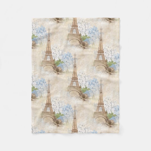 Paris Vintage Blue Hydrangea Fleece Blanket (Front)