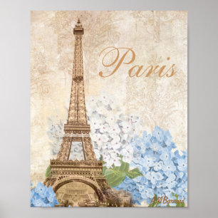 Paris Vintage Blue Hydrangea Print or Poster