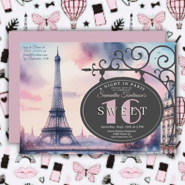 Paris Vintage Eiffel Tower Sweet 16 Birthday  Invitation (French Parisian Sweet 16 Birthday Invitation)