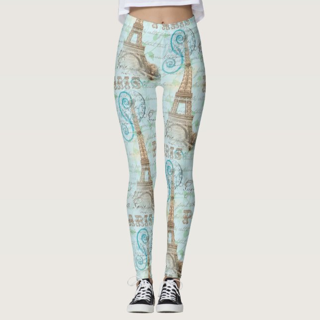 Paris Vintage French Writing Aqua Leggings (Front)