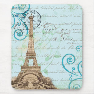 Paris Vintage French Writing Aqua Mouse Pad