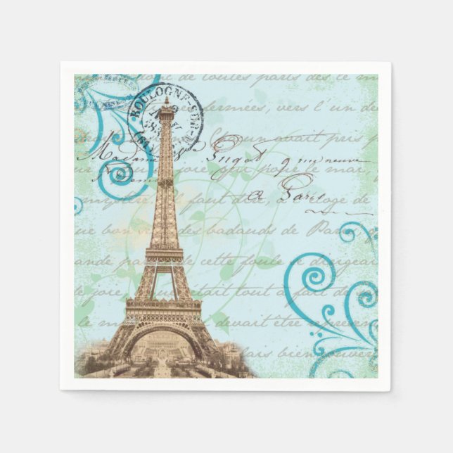 Paris Vintage French Writing Aqua Napkins (Front)