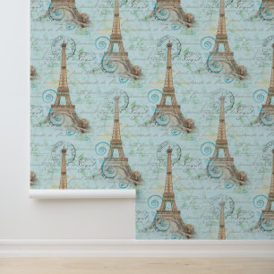 Paris Vintage French Writing Aqua Wallpaper