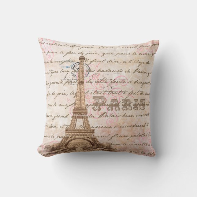 Paris Vintage French Writing Pink Pillow (Front)
