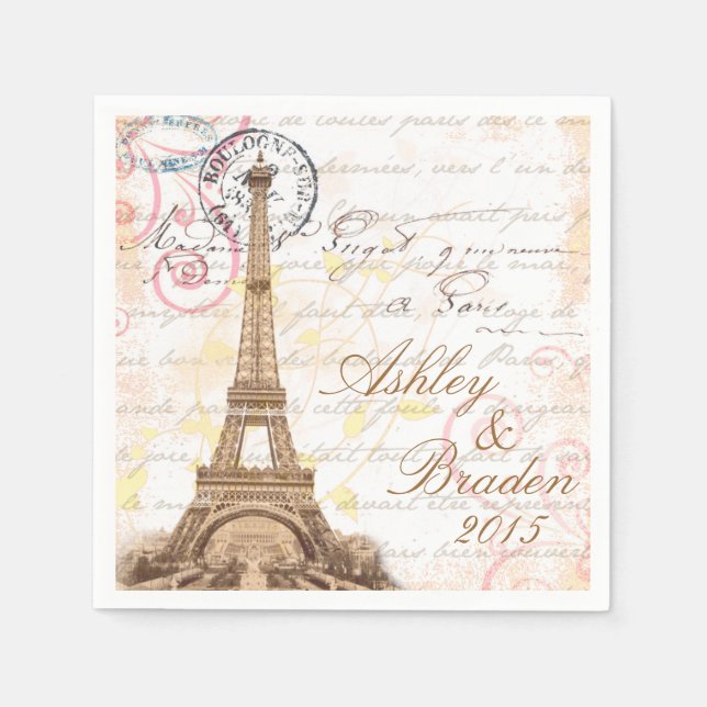 Paris Vintage French Writing Pink Wedding Napkins (Front)
