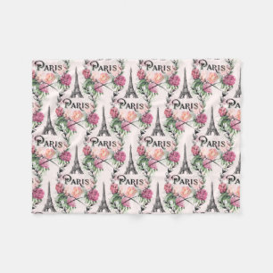 Paris Vintage Pink Roses Fleece Blanket