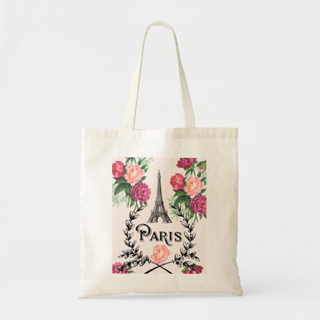 Paris Vintage Pink Roses Tote Bag (Front)