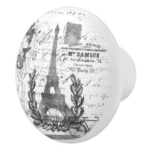 Paris Vintage Script Postage Collage Style Ceramic Knob