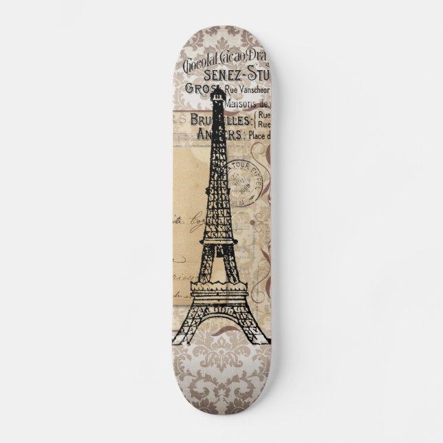 Paris Vintage Shabby Chic Eiffel Tower Skateboard (Front)