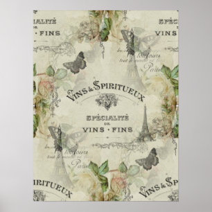Paris Vintage Wine and Roses Art Poster or Print