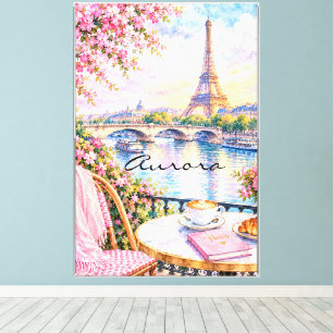 Paris Watercolor Eiffel Tower Pink Floral French Canvas Print