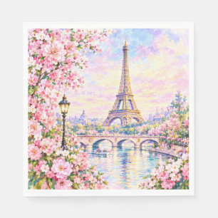Paris Watercolor Eiffel Tower Pink Floral French Napkin