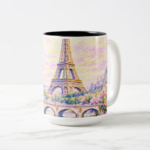 Paris Watercolor Eiffel Tower Pink Floral French Two-Tone Coffee Mug