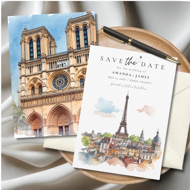 Paris Watercolor Skyline Save the Date Invitation (Paris-themed “Save the Date” card featuring watercolor illustrations of the Eiffel Tower.)